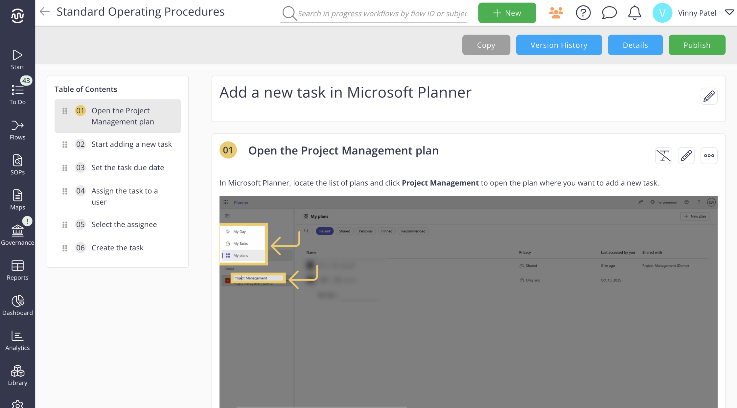 Real Flowingly SOP showing a numbered table of contents and a highlighted step-by-step screenshot